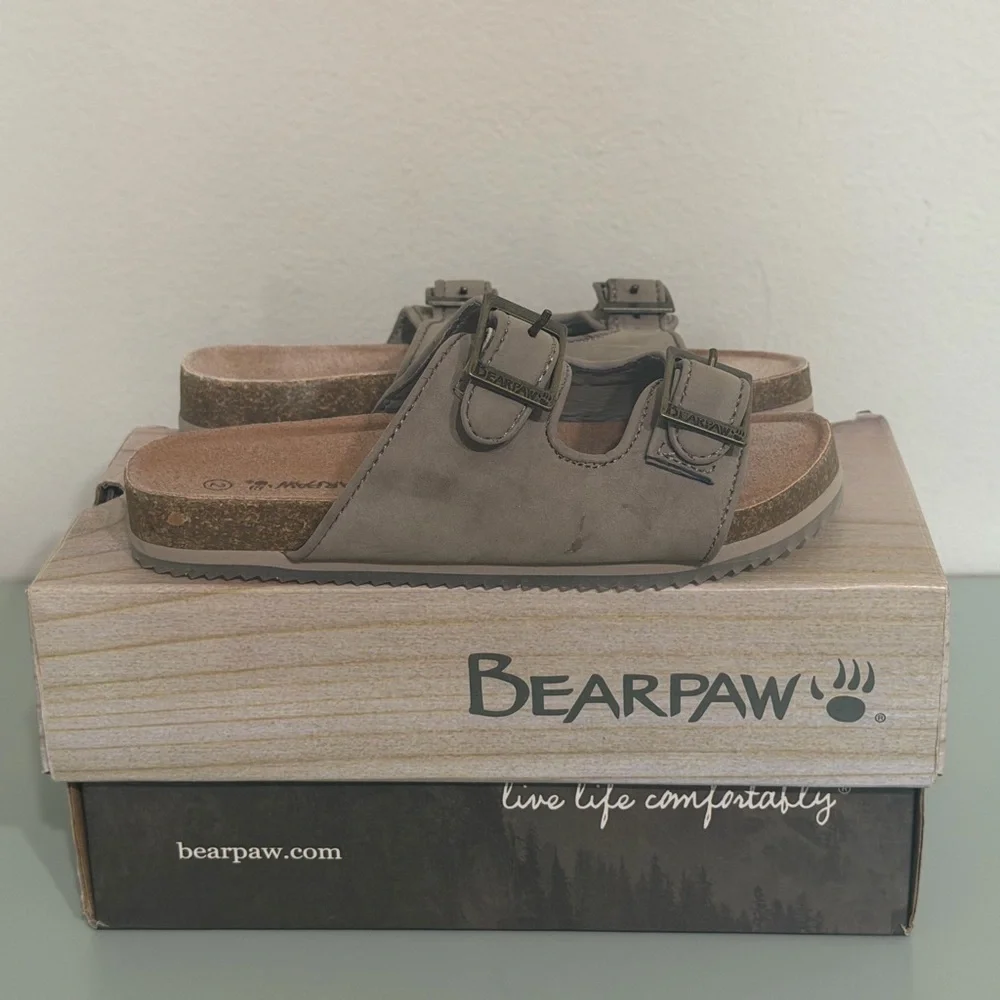BearPaw Kids Taupe Double-Buckle Slide Sandals